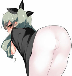 Rule 34 | 10s, 1girl, anchovy (girls und panzer), ass, bent over, blush, brown eyes, girls und panzer, grey hair, hair ribbon, long hair, looking at viewer, looking back, pantyhose, ribbon, shirt, simple background, solo, tears, terazip, twintails, very long hair, white background