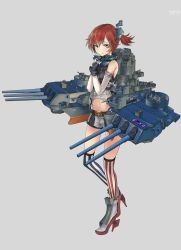 Rule 34 | 1girl, american flag legwear, asymmetrical legwear, bare shoulders, battleship, breasts, cannon, character name, character request, dated, elbow gloves, fingerless gloves, full body, gloves, green eyes, grey background, hair ornament, high heels, highres, kantai collection, kuroinu9, machinery, mecha musume, military, military vehicle, miniskirt, mismatched legwear, navel, one side up, original, personification, pixiv username, red footwear, red hair, rudder footwear, ship, short hair, short shorts, shorts, simple background, skirt, small breasts, solo, standing, striped clothes, striped thighhighs, thighhighs, turret, uss alabama (bb-60), vertical-striped clothes, vertical-striped thighhighs, warship, watercraft, wrist cuffs