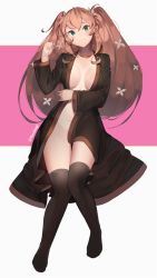 Rule 34 | 1girl, artist name, black jacket, black socks, blush, breasts, brown eyes, brown hair, coat, collarbone, commentary, commission, english commentary, flower, hair between eyes, hair ornament, harukagi, jacket, kneehighs, large breasts, long hair, long sleeves, naked coat, no shoes, original, pink background, smile, socks, solo, twintails, two-tone background, white background, white flower