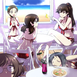 Rule 34 | 10s, 3 3, 5girls, ^^^, akiyama yukari, arm rest, ass, back, barefoot, beach, bespectacled, bikini, black-framed eyewear, black hair, blue sky, bottle, breasts, brown eyes, brown hair, chair, cleavage, closed mouth, cloud, cloudy sky, commentary request, constricted pupils, cross, crossed legs, day, extra, folding chair, food, from behind, frown, girls und panzer, glasses, hair tie, halterneck, hand on own throat, indoors, interlocked fingers, iron cross, legs, looking at another, looking at viewer, lying, medium breasts, messy hair, multiple girls, nakahira guy, navel, ocean, on side, open mouth, own hands together, plate, pointing, ponytail, print bikini, red bikini, ritaiko (girls und panzer), round eyewear, sandals, sangou (girls und panzer), short hair, side-tie bikini bottom, sitting, sky, smile, smirk, string bikini, sweatdrop, swimsuit, table, twintails, very short hair, wooden chair, wooden table