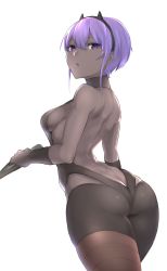 Rule 34 | 1girl, :o, absurdres, ass, back, backless outfit, bad id, bad tumblr id, bare back, bare shoulders, black gloves, black hairband, breasts, butt crack, dark-skinned female, dark skin, fate/prototype, fate/prototype: fragments of blue and silver, fate (series), gloves, hairband, hassan of serenity (fate), highres, hometa, looking at viewer, looking back, medium breasts, open mouth, purple eyes, purple hair, short hair, sideboob, simple background, solo, white background