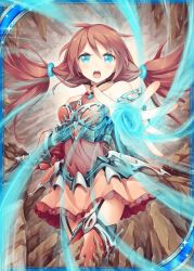 Rule 34 | 1girl, akkijin, bare shoulders, blowing, blue eyes, breasts, brown hair, card (medium), cave, indoors, looking at viewer, medium breasts, official art, open mouth, serious, shinkai no valkyrie, skirt, thighhighs, twintails, wind