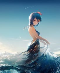 Rule 34 | 1girl, absurdres, backless dress, backless outfit, blue eyes, blue hair, blue sky, breasts, dress, from side, hair ornament, haiyi, halterneck, highres, hydrokinesis, leiq, long dress, looking at viewer, medium breasts, outdoors, see-through, short hair, skirt hold, sky, sleeveless, sleeveless dress, solo, vocaloid, vocanese, water, water dress