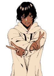 1boy alternate_costume arjuna_(fate) black_eyes brown_hair casual dark-skinned_male dark_skin double_v fate/grand_order fate_(series) fuka_(hk_nemo) hair_between_eyes highres hood hoodie looking_at_viewer male_focus open_mouth simple_background solo upper_body v white_background