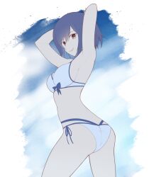 Rule 34 | 1girl, absurdres, armpits, arms behind head, arms up, ass, bikini, blue hair, blue theme, bow, bow bikini, breasts, closed mouth, commentary, cowboy shot, from side, highres, limited palette, looking at viewer, medium breasts, melow menow, multi-strapped bikini, nijisanji, shizuka rin, short hair, smile, solo, standing, swimsuit, virtual youtuber, white bikini, yellow eyes