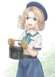 Rule 34 | 1girl, bag, belt, beret, blonde hair, blue eyes, blue hat, blue skirt, commentary request, gloves, hat, highres, janus (kancolle), kantai collection, looking at viewer, official alternate costume, open mouth, parted bangs, pleated skirt, shirt, short hair, skirt, solo, taruya, white shirt, yellow gloves
