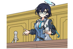 Rule 34 | 1girl, ace attorney, black hair, blue-framed eyewear, blue archive, blue cardigan, blue necktie, breasts, cardigan, chihiro (blue archive), closed mouth, collared shirt, courtroom, generic 33, glasses, green eyes, hair between eyes, hair ornament, halo, id card, jacket, lanyard, large breasts, long sleeves, looking at viewer, multicolored clothes, multicolored jacket, necktie, open clothes, open jacket, rabbit hair ornament, semi-rimless eyewear, shirt, short hair, solo, standing, two-tone jacket, under-rim eyewear, upper body, watch, white shirt, wristwatch