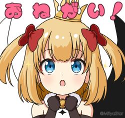 Rule 34 | 1girl, :o, asymmetrical wings, bare shoulders, black gloves, black wings, blonde hair, blue eyes, bow, commentary request, crown, dress, elbow gloves, gloves, hair bow, hands up, looking at viewer, marl (shironeko project), mini crown, mismatched wings, mitya, open mouth, red bow, shironeko project, simple background, solo, tilted headwear, translated, twitter username, two side up, upper body, white background, white dress, white wings, wings