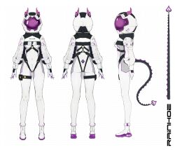 Rule 34 | 1girl, absurdres, ass, breasts, character name, character sheet, commentary, covered navel, english commentary, full body, helmet, highres, horns, indie virtual youtuber, mechanical tail, medium breasts, multiple views, rainhoe, skindentation, space helmet, spacesuit, standing, tail, thigh strap, vertigris, virtual youtuber