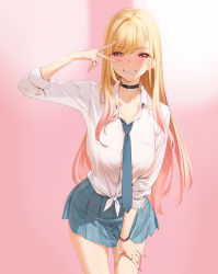 Rule 34 | 1girl, barbell piercing, blonde hair, blue necktie, blue skirt, breasts, choker, ear piercing, grin, hand up, highres, industrial piercing, jewelry, kitagawa marin, large breasts, long hair, long sleeves, looking at viewer, necktie, parted lips, piercing, pink background, red eyes, ring, school uniform, shirt, shirt tucked in, simple background, skirt, smile, solo, sono bisque doll wa koi wo suru, teeth, white shirt, yd (orange maru)