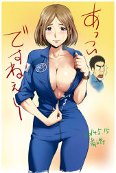 Rule 34 | &gt;:o, 1boy, 1girl, :o, ^^^, areola slip, black hair, blush, breasts, brown eyes, brown hair, cleavage, collarbone, cowboy shot, dated, eyebrows, gradient background, itou serika, japanese flag, jaxa, jumpsuit, kon-kit, large breasts, logo, looking at viewer, nanba mutta, nasa, nervous, nipples, no bra, open clothes, open mouth, orange background, parted bangs, parted lips, short hair, signature, sleeves rolled up, smile, solo focus, standing, surprised, sweat, teeth, thick eyebrows, tongue, tongue out, translation request, uchuu kyoudai, undressing, unzipping, v-shaped eyebrows, watch, wristwatch, zipper