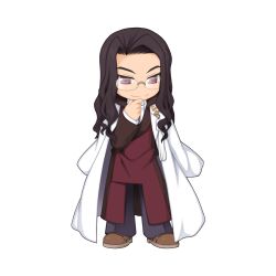 Rule 34 | 1boy, black hair, brown coat, brown footwear, chibi, chibi only, coat, coat on shoulders, eisen werner, full body, glasses, hand on own chin, long hair, long sleeves, looking at viewer, male focus, official art, open clothes, open coat, parted bangs, pink eyes, ragnarok online, red tabard, rimless eyewear, shirt, shoes, simple background, smile, solo, split mouth, standing, tabard, transparent background, wavy hair, white coat, white shirt, yuichirou