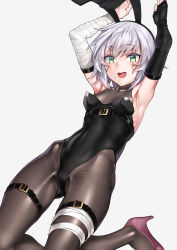 Rule 34 | 1girl, absurdres, animal ears, arm belt, armpits, arms up, bad id, bad twitter id, bandaged arm, bandages, bare shoulders, black gloves, black leotard, black pantyhose, blush, breasts, covered navel, elbow gloves, facial scar, fake animal ears, fate/apocrypha, fate/grand order, fate (series), fingerless gloves, gloves, green eyes, high heels, highleg, highleg leotard, highres, jack the ripper (fate/apocrypha), kneeling, leotard, looking at viewer, open mouth, orochi itto, oversized breast cup, pantyhose, playboy bunny, purple footwear, rabbit ears, rabbit pose, scar, scar across eye, scar on cheek, scar on face, short hair, simple background, single elbow glove, single glove, small breasts, smile, solo, thigh strap, thighs, white hair