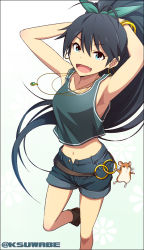 Rule 34 | 1girl, :d, armpits, arms behind back, arms up, belt, black hair, blue eyes, bracelet, crop top, earrings, ganaha hibiki, hamster, hamuzou, idolmaster, idolmaster (classic), jewelry, k-suwabe, looking at viewer, midriff, navel, necklace, open fly, open mouth, pendant, ponytail, shorts, smile, solo, tank top, unzipped