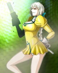 Rule 34 | 1girl, agent aika, aika (series), bow, breasts, cleavage, cleavage cutout, clothing cutout, delmo, dress, female focus, golden delmo, hair bow, long hair, lowres, panties, pantyshot, profile, short dress, skin tight, tonia, underwear, uniform, weapon, white hair, white panties, yellow dress