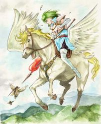 Rule 34 | 1girl, agahari, armor, boots, fire emblem, fire emblem: thracia 776, gloves, green eyes, green hair, lance, matching hair/eyes, misha (fire emblem), open mouth, pegasus, pegasus knight uniform (fire emblem), polearm, sky, solo, thigh boots, thighhighs, traditional media, weapon
