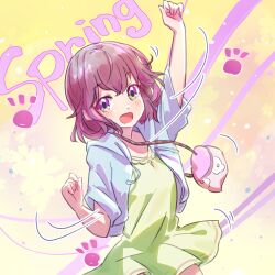 Rule 34 | 1girl, :d, arm up, bag, blue hoodie, blush, brown hair, clenched hands, commentary request, cowboy shot, dress, english text, green dress, handbag, happy, highres, hood, hoodie, icorasama, looking at viewer, machikado mazoku, motion lines, open clothes, open hoodie, open mouth, paw print, purple eyes, short dress, short hair, short sleeves, simple background, sketch, smile, solo, yellow background, yoshida ryouko
