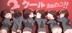 Rule 34 | 10s, 6+boys, against wall, ass, bottomless, bowl cut, brothers, brown hair, constricted pupils, covering crotch, covering privates, gradient background, highres, jacket, male focus, matsuno choromatsu, matsuno ichimatsu, matsuno jyushimatsu, matsuno karamatsu, matsuno osomatsu, matsuno todomatsu, matsuoka (ajagaga), messy hair, multiple boys, osomatsu-kun, osomatsu-san, osomatsu (series), sextuplets, siblings, smile, suit jacket, sweat, translation request