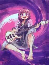 Rule 34 | 1girl, :d, @ @, absurdres, barefoot, bass guitar, blunt bangs, blush, bocchi the rock!, dolphilia, dress, full body, green dress, guitar, guitar strap, highres, hiroi kikuri, holding, holding guitar, holding instrument, instrument, jacket, looking at viewer, multicolored clothes, multicolored jacket, no nose, open mouth, psychedelic, purple background, purple hair, sharp teeth, sitting, smile, solo, spiral background, tareme, teeth, two-tone jacket