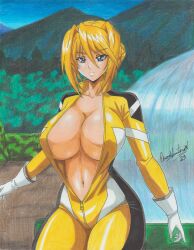 Rule 34 | 1girl, 2023, absurdres, artist name, belly, blonde hair, blue eyes, bodysuit, braiding hair, breasts, cleavage, collarbone, cowboy shot, female focus, forest, fountain, gloves, hair between eyes, hairdressing, highres, huge breasts, large breasts, mountainous horizon, multicolored bodysuit, multicolored clothes, nature, navel, night, open bodysuit, open clothes, outdoors, partially unzipped, princess lover, ravernclouk design, sidelocks, silvia van hossen, solo, standing, thick thighs, thighs, traditional media, unzipped, water, white gloves, yellow bodysuit, zipper