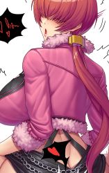 Rule 34 | 1girl, ass, breasts, butt crack, gonster, heart, king of fighters xv, large breasts, shermie (kof), sitting, solo, the king of fighters, white background