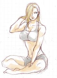 Rule 34 | 00s, 1girl, barefoot, blonde hair, blue eyes, breasts, cleavage, fullmetal alchemist, hair over one eye, large breasts, crossed legs, lips, lowres, muscular, navel, olivier mira armstrong, shorts, sitting, sketch, solo, sports bra