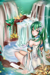 Rule 34 | 1girl, adapted costume, ass, bare shoulders, breasts, detached sleeves, dress, flower, frog hair ornament, gohei, green eyes, green hair, hair flower, hair ornament, hair tubes, highres, himeki, kochiya sanae, looking at viewer, looking back, matching hair/eyes, medium breasts, nature, oonusa, parted lips, plant, rock, rope, see-through, shimenawa, snake hair ornament, solo, teeth, thighs, touhou, water, waterfall, white dress