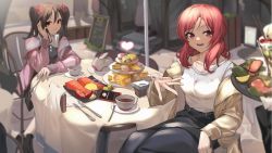 Rule 34 | 2girls, absurdres, arm support, black footwear, black hair, blurry, blurry background, brown coat, cafe, casual, cellphone, chair, chinese commentary, coat, commentary request, cup, drink, food, fork, grey skirt, hair between eyes, hair ribbon, hand in own hair, highres, jacket, jewelry, katachi noboru nishikino, knife, long skirt, long sleeves, looking at another, love live!, love live! school idol project, menu board, multiple girls, napkin, nishikino maki, off shoulder, outstretched hand, pendant, phone, pink jacket, purple eyes, red eyes, red hair, red ribbon, ribbon, saucer, shirt, sitting, skirt, smartphone, smile, sweets, t-shirt, table, tablecloth, teacup, tiered tray, tray, twintails, white shirt, window, yazawa nico
