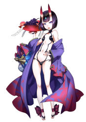 Rule 34 | 1girl, anklet, barefoot, barefoot sandals (jewelry), black hair, breasts, cup, fate/grand order, fate (series), food, fruit, full body, horns, japanese clothes, jewelry, kawagoe pochi, kimono, looking at viewer, navel, open clothes, open mouth, purple eyes, sakazuki, short hair, shuten douji (fate), shuten douji (first ascension) (fate), simple background, skin-covered horns, small breasts, solo, standing