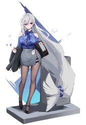 Rule 34 | 1girl, absurdly long hair, absurdres, alternate costume, arknights, artist name, black jacket, blue shirt, breasts, brown pantyhose, character name, clothing cutout, commentary, english commentary, folder, frilled shirt, frills, full body, grey hair, grey skirt, highres, holding, holding folder, jacket, large breasts, long hair, looking to the side, low-tied long hair, office lady, pantyhose, photocopier, red eyes, shirt, shoulder cutout, side slit, simple background, skadi (arknights), skirt, solo, suiiryu, very long hair, white background