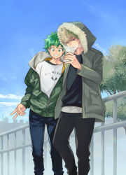 Rule 34 | 2boys, bakugou katsuki, black shirt, blonde hair, boku no hero academia, coffee cup, cup, day, disposable cup, drinking, freckles, green hair, green jacket, grin, highres, holding, holding cup, hood, hood up, jacket, looking at viewer, male focus, midoriya izuku, multiple boys, partially unzipped, red eyes, shirt, sky, smile, spiked hair, starbucks, steam, t-shirt, tree, twitter username, ume (326310), v, v-shaped eyebrows