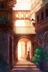 Rule 34 | 1girl, alley, animal ears, arch, architecture, axleaki, backlighting, balcony, black hair, bridge, cat, cat ears, city, dress, from behind, highres, light particles, original, pantyhose, railing, scenery, short hair, sign, solo, stairs, standing, stone stairs, tree, white pantyhose
