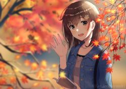 Rule 34 | 1girl, :d, autumn leaves, blue jacket, blurry, blurry background, book, branch, brown eyes, brown hair, collarbone, day, denim, denim jacket, depth of field, grey shirt, hair between eyes, hair ornament, hand up, holding, holding book, jacket, kenjirohayamiti, leaf, long sleeves, looking at viewer, maple leaf, open book, open clothes, open jacket, open mouth, original, outdoors, shirt, smile, solo, teeth, twitter username, upper body, upper teeth only