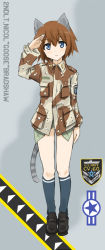 Rule 34 | 1girl, aged down, animal ears, bad id, bad pixiv id, blue eyes, boots, bottomless, brown hair, camouflage, cat ears, cat tail, commentary request, dakku (ogitsune), desert camouflage, artistic error, full body, jacket, kneehighs, military jacket, socks, solo, standing, strike witches, strike witches 1991, striped tail, tail, uniform, world witches series