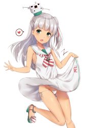 Rule 34 | 1girl, anchor necklace, blush, dress, green eyes, hair ornament, hair ribbon, heart, highres, kantai collection, long hair, looking at viewer, maestrale (kancolle), necklace, one side up, open mouth, panties, ribbon, sailor collar, sailor dress, shoes, silver hair, sleeveless, sleeveless dress, smile, solo, underwear, white dress, white panties, zhi zhi/zu zu