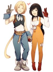 Rule 34 | 00s, 1boy, 1girl, black hair, blonde hair, bodysuit, boots, breasts, brown eyes, cleavage, couple, final fantasy, final fantasy ix, garnet til alexandros xvii, gloves, hanpetos, hetero, holding hands, jewelry, long hair, low-tied long hair, necklace, open mouth, ribbon, short hair, simple background, smile, square enix, tail, white background, zidane tribal