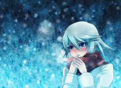 Rule 34 | 00s, 1girl, blue background, blue eyes, blush, coat, lips, open mouth, raine sage, scarf, short hair, silver hair, tales of (series), tales of symphonia