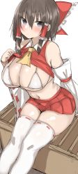 Rule 34 | 1girl, bad id, bad twitter id, bikini, bikini top only, black eyes, bow, box, breasts, brown hair, cleavage, closed mouth, clothes lift, detached sleeves, donation box, feet out of frame, golgi hon, hair bow, hair tubes, hakurei reimu, highres, huge breasts, lifted by self, looking at viewer, navel, nontraditional miko, red bow, red shirt, red skirt, ribbon-trimmed legwear, ribbon trim, shirt, shirt lift, short hair, simple background, sitting, skirt, solo, swimsuit, thighhighs, touhou, white background, white bikini, white thighhighs, wide sleeves