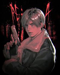 Rule 34 | 1boy, copyright name, fingerless gloves, gloves, gun, h&amp;k usp, h&amp;k usp9, highres, holding, holding gun, holding weapon, jacket, katou teppei, leather, leather jacket, leon s. kennedy, male focus, parted lips, resident evil, resident evil 4, resident evil 4 (remake), short hair, silver ghost, solo, twitter username, upper body, weapon