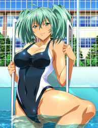 Rule 34 | 1girl, ahoge, aqua hair, bare arms, bare legs, black one-piece swimsuit, breasts, cleavage, closed mouth, collarbone, competition swimsuit, covered navel, green eyes, hair between eyes, ikkitousen, large breasts, leg up, long hair, one-piece swimsuit, outdoors, partially submerged, pool ladder, ryofu housen, shiny skin, sideboob, smile, solo, standing, sunlight, swimsuit, twintails, wet, wet hair