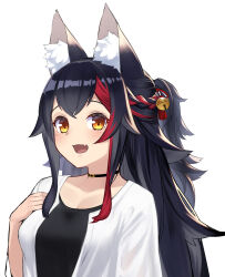 Rule 34 | 1girl, absurdres, alternate costume, animal ear fluff, animal ears, bell, black hair, black shirt, blush, breasts, brown skirt, choker, close-up, fang, full body, hair bell, hair between eyes, hair ornament, hand on own chest, highres, hololive, long hair, looking at viewer, medium breasts, multicolored hair, ookami mio, open mouth, red hair, shirt, short sleeves, sidelocks, simple background, skin fang, skirt, solo, streaked hair, virtual youtuber, white background, white shirt, wolf ears, wolf girl, yamabuki7979, yellow eyes