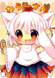 Rule 34 | 1girl, :d, animal ears, brown eyes, chibi, chocolat (momoiro piano), detached sleeves, hat, inubashiri momiji, looking at viewer, open mouth, short hair, smile, solo, tail, tokin hat, touhou, translation request, white hair, wolf ears, wolf tail