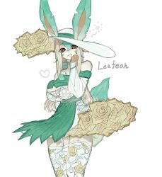 Rule 34 | animal ears, animal hands, bare shoulders, blonde hair, breasts, brown eyes, brown sclera, cleavage, colored sclera, creatures (company), cross-laced clothes, dress, floral print, flower, furry, furry female, game freak, garter straps, gen 4 pokemon, hand on own face, hat, highres, large breasts, leaf, leafeon, looking at viewer, nintendo, pokemon, pokemon (creature), ribbon, rose, rose print, smile, sun hat, tail, thighhighs, togetoge, wide hips, zettai ryouiki