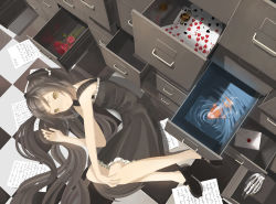Rule 34 | 1girl, animal, bone, card, checkered floor, drawer, dress, envelope, expressionless, fish, floor, flower, from above, goldfish, high heels, highres, long hair, lying, mary janes, no legwear, no socks, on side, original, playing card, rose, shoes, skeleton, solo, throtem, tulip, water, yellow eyes