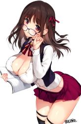 Rule 34 | 1girl, adjusting eyewear, artist name, blush, book, bow, bowtie, braid, breasts, brown hair, choker, cleavage, commentary request, hair ribbon, holding, holding book, holding removed eyewear, kneehighs, large breasts, leaning forward, librarian, long hair, looking at viewer, mataro (matarou), midriff, miniskirt, open clothes, open shirt, original, pleated skirt, red eyes, red skirt, ribbon, shirt, single braid, skirt, socks, solo, standing, striped bow, striped bowtie, striped clothes, striped neckwear, thighs, unbuttoned, unbuttoned shirt, unworn eyewear, white shirt