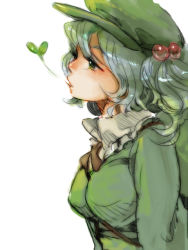 Rule 34 | 1girl, between breasts, black bow, blue hair, bow, breasts, female focus, frills, from side, green eyes, green hat, green theme, hair bobbles, hair ornament, hat, itoyo, kawashiro nitori, leaf, looking away, mouth hold, plant, simple background, solo, touhou, two side up, upper body, white background