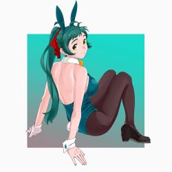 Rule 34 | 1girl, alternate costume, animal ears, antenna hair, ass, back, bad id, bad twitter id, bare shoulders, blush, bow, bowtie, breasts, brown pantyhose, closed mouth, commentary request, detached collar, fake animal ears, from behind, full body, green eyes, green hair, hair ribbon, high heels, highres, irako (kancolle), kantai collection, large breasts, leotard, long hair, looking at viewer, ojipon, pantyhose, playboy bunny, ponytail, rabbit ears, rabbit tail, red ribbon, ribbon, sideboob, simple background, sitting, smile, solo, strapless, strapless leotard, tail, wrist cuffs