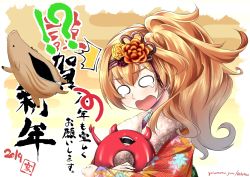 Rule 34 | 1girl, abyssal ship, alternate costume, alternate hairstyle, animal costume, blonde hair, enemy lifebuoy (kancolle), gambier bay (kancolle), hair between eyes, hairband, hug, japanese clothes, kantai collection, kimono, new year, open mouth, pig costume, red kimono, side ponytail, signature, solo focus, surprised, upper body, yuzu momo
