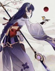 Rule 34 | 1girl, bird, bird on hand, blunt bangs, braid, branch, co6 3g, falling petals, from side, genshin impact, hair ornament, highres, holding, holding weapon, japanese clothes, leaning forward, long hair, looking at animal, mitsudomoe (shape), moon, petals, polearm, purple eyes, raiden shogun, red moon, single braid, solo, standing, tomoe (symbol), weapon