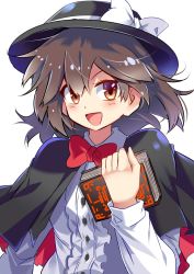 Rule 34 | 1girl, :d, black hat, blush, book, bow, bowtie, brown eyes, brown hair, buttons, capelet, dr.latency&#039;s freak report, e.o., hat, hat bow, highres, holding, holding book, long sleeves, looking at viewer, open mouth, red bow, red bowtie, shirt, short hair, smile, solo, touhou, upper body, usami renko, white bow, white shirt